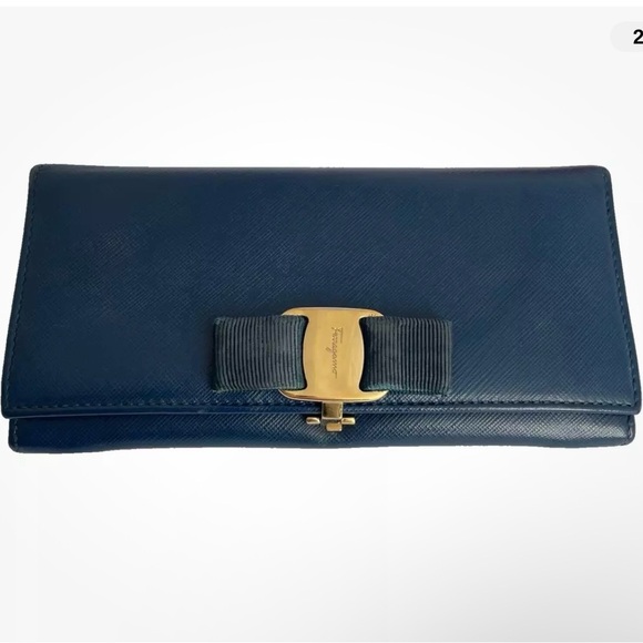 AUTHENTIC SALVATORE FERRAGAMO NAVY BLUE Long Wallet W/Gold Hardware. - Picture 2 of 16